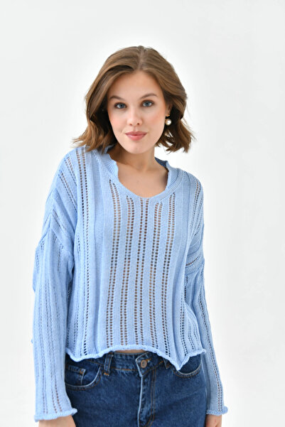 Park Karon Women's Mock Neck Knitted Detailed Crop Knitwear Sweater