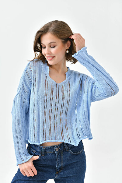 Park Karon Women's Mock Neck Knitted Detailed Crop Knitwear Sweater