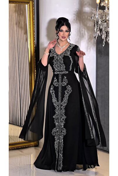 NHMODA V-Neck Embroidered Cape Sleeve A-Line Evening Dress