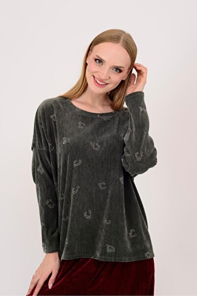 Park Moda 25584 Stone Embroidered Taupe Velvet Blouse