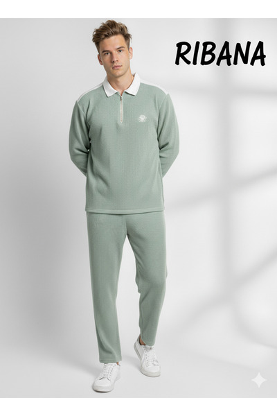 ribana Unisex Printed Pocket Elastic Waist Zippered Shirt Collar Bottom-Top 2-Piece Set