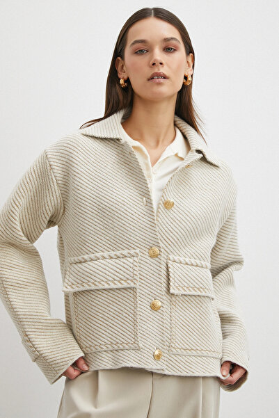 Never more Polo Collar Pocketed Gold Buttoned Jacket Cream