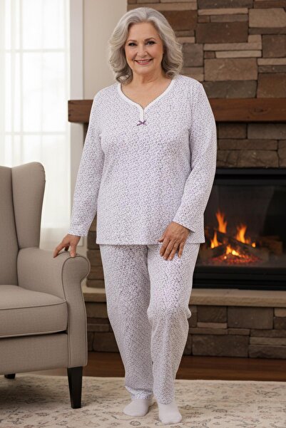 Niket Life Women's Patterned Piping Collar Long Sleeve Long Length Combed Cotton Mother Pajama Set