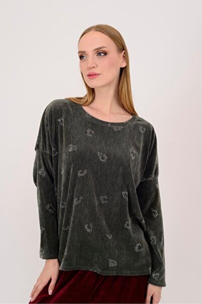 Park Moda 25584 Stone Embroidered Taupe Velvet Blouse