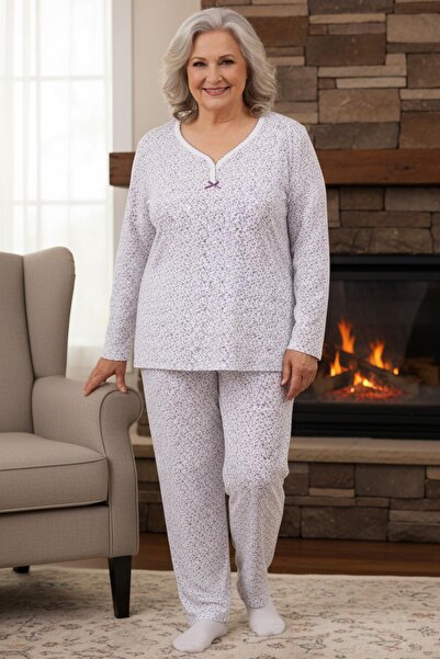 Niket Life Women's Patterned Piping Collar Long Sleeve Long Length Combed Cotton Mother Pajama Set