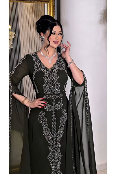 NHMODA V-Neck Embroidered Cape Sleeve A-Line Evening Dress