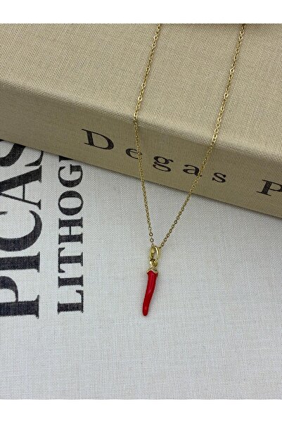 Hedef Bijuteri Steel Gold Color Red Pepper Lucky Necklace