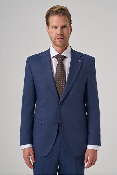 Morven Men's Navy Blue Wool Trend Patterned Dynamic Fit Mono Collar Suit