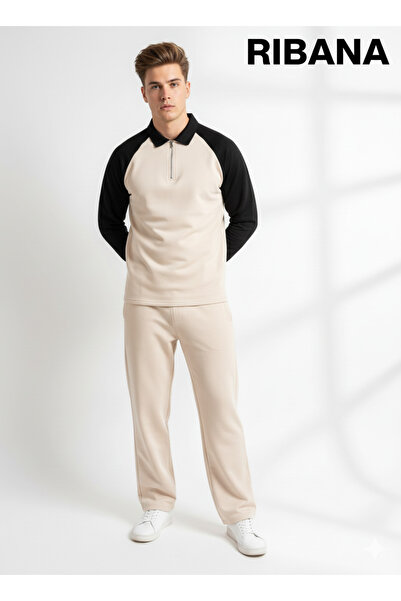 ribana Unisex Printed Pocket Elastic Waist Zippered Shirt Collar Bottom-Top 2-Piece Set