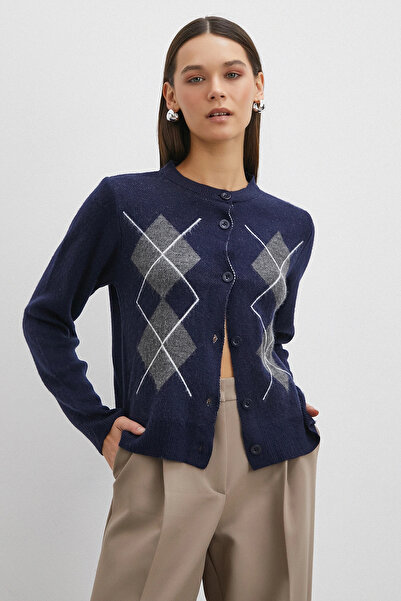Never more Buttoned Diamond Pattern Cardigan Navy Blue