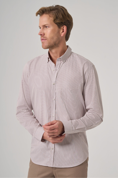 Morven Men's Beige Cotton Trend Striped Dynamic Fit Buttoned Collar Shirt