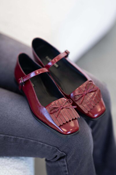 Parponi Tim Women's Genuine Leather Wrinkled Patent Leather Ballerinas Burgundy