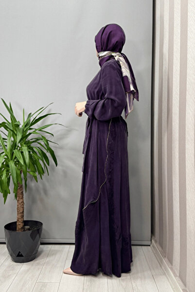 MissWhence Embroidery and Zipper Detailed Cupra Silk Dress Purple 37800