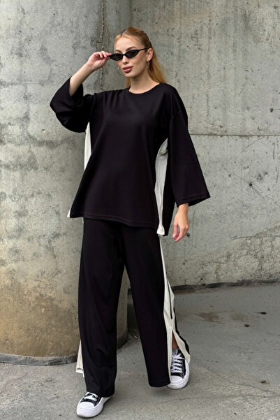 Chiccy Black-White Pool Neck Wide Sleeve Slit Side Striped Oversized Knitted Bottom Top Set 70-105 65-68