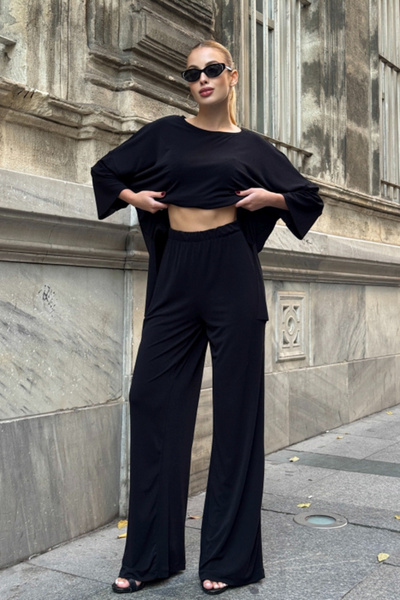 Chiccy Black Boat Neck 3/4 Sleeve Pocketed Elastic Waist Wide Leg Oversized Knitted Bottom Top Set 70-105 65-68