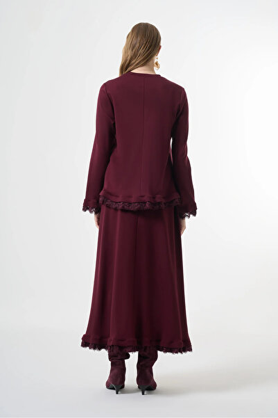 MissWhence Guipure Detailed Skirt Suit Burgundy 38004