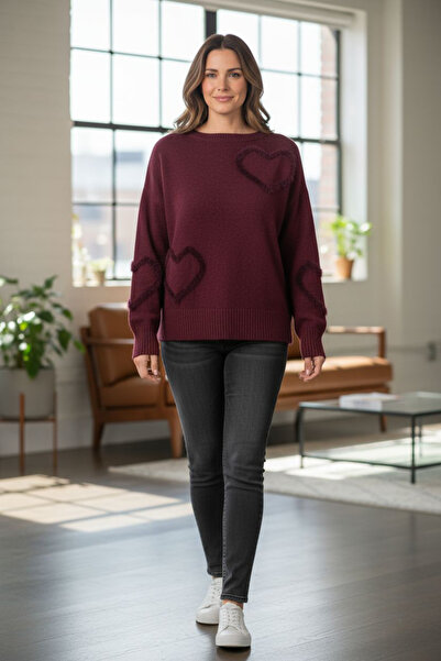 OEM Pulover dama casual rosu bordo cu inimi
