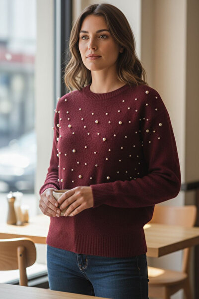 OEM Pulover elegant dama rosu bordo cu perle