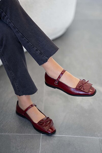 Parponi Tim Women's Genuine Leather Wrinkled Patent Leather Ballerinas Burgundy