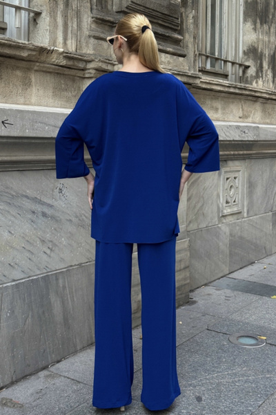 Chiccy Cobalt Blue Boat Neck 3/4 Sleeve Pocketed Elastic Waist Wide Leg Knitted Bottom Top Set 70-105 65-68
