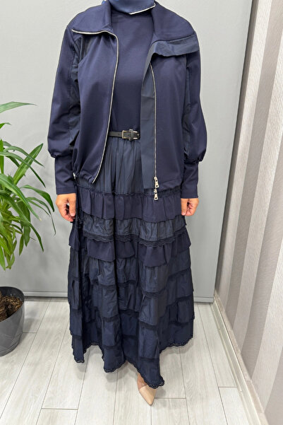 MissWhence Ruffle Detailed Jacket Dress Set Navy Blue 38807