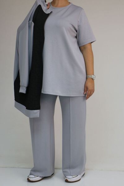 Eslina 57304 Plus Size Modal-Quilted Three-Piece Set with Jacket - Black-Grey