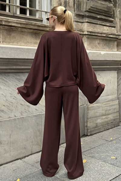 Chiccy Brown Pool Collar Wide Sleeve Elastic Waist Wide Leg Oversized Knitted Bottom Top Set 65-105 65-68