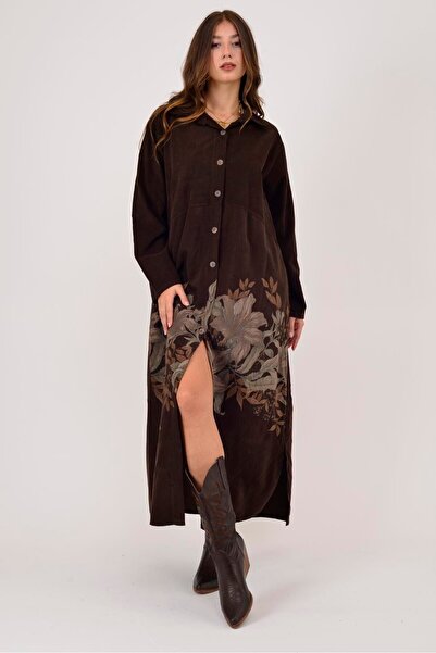 Park Moda 10974 Lova Flower Pattern Tie-Up Velvet Shirt Dress