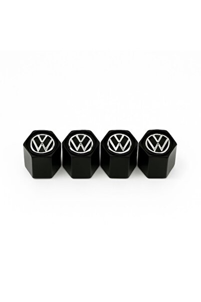 VW Set of 4 Hexagonal Valve Caps Volkswagen, Black Aluminum, Logo