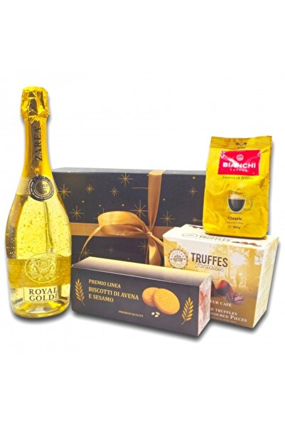 CADOURI PREMIUM Pachet cadou festiv, CADOURI PREMIUM®, model Royal Magic, cu spumant ZAREA Royal Gold imbogatit cu aur 23k, cafea Bianchi si o multime de surprize dulci