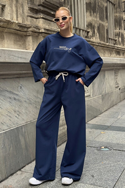 Chiccy Navy Blue Round Neck Long Sleeve Printed Elastic Waist Two Thread Knitted Bottoming Top Set 70-105 65-68