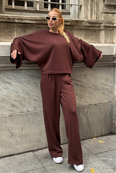 Chiccy Brown Pool Collar Wide Sleeve Elastic Waist Wide Leg Oversized Knitted Bottom Top Set 65-105 65-68