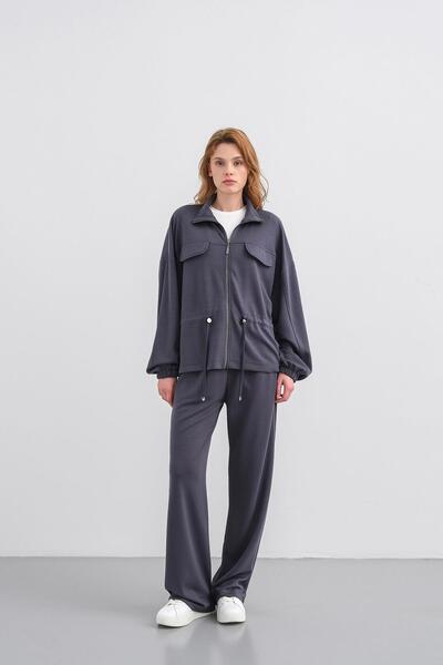 Basicpark Smoked Women's Full-Length Zippered Mock Neck Piece Premium Modal Top and Bottom Set