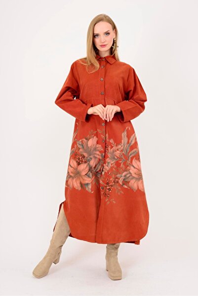 Park Moda 10974 ROCHIE CĂMĂȘĂ DE CATIFELĂ CU MODEL FLORAL LOVA