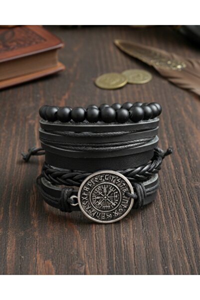 AB Takı مجموعة من 5 أساور رجالية من الجلد الطبيعي الأسود مع تصميم بوصلة فيجفي...