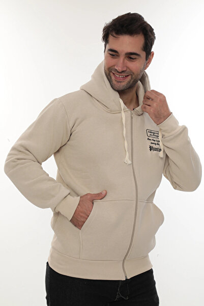PHANTOM JEANS Ανδρικό φούτερ με φερμουάρ, μπεζ, κανονική εφαρμογή, κανονική εφαρμογή, με φλις εσωτερικά, με κουκούλα βαμβακερό φούτερ