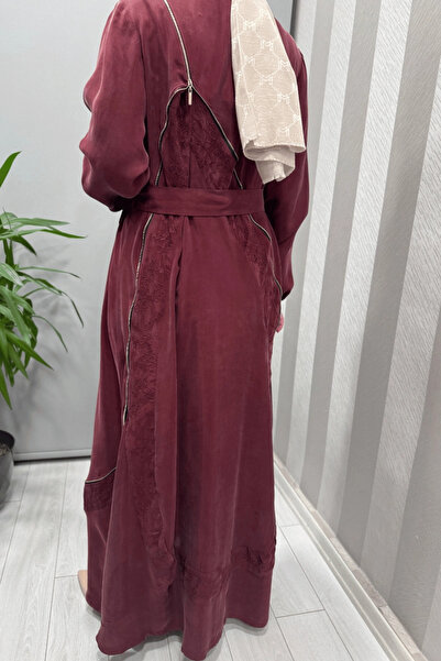 MissWhence Embroidery and Zipper Detailed Cupra Silk Dress Burgundy 37800