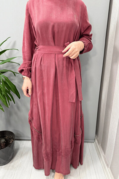 MissWhence Embroidery and Zipper Detailed Cupra Silk Dress Dusty Rose 37800