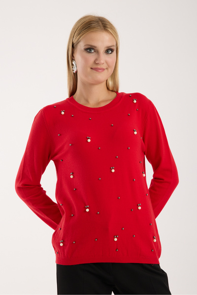 Moda Days Pearl Detailed Crew Neck Knit Blouse