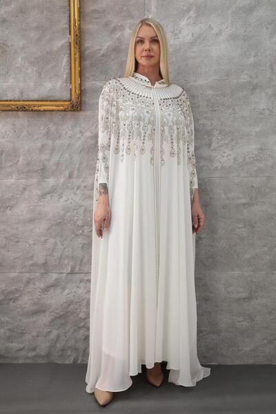MİSS DİAMOND Taş Detaylı Beyaz Abaya Ferace Elbise