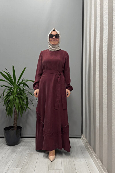 MissWhence Embroidery and Zipper Detailed Cupra Silk Dress Burgundy 37800