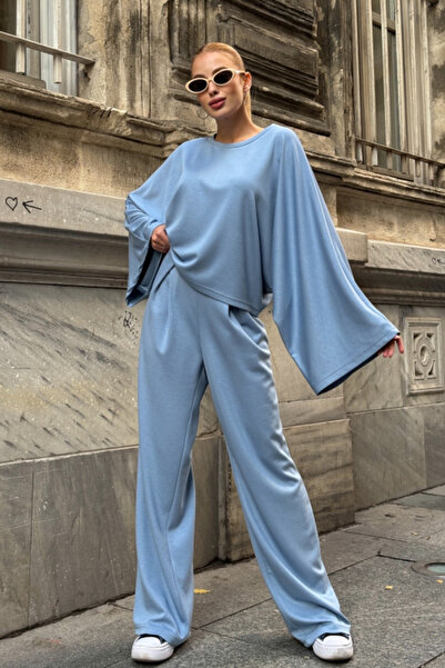 Chiccy Light Blue Pool Collar Wide Sleeve Elastic Waist Wide Leg Oversized Knitted Bottom Top Set 65-105 65-68