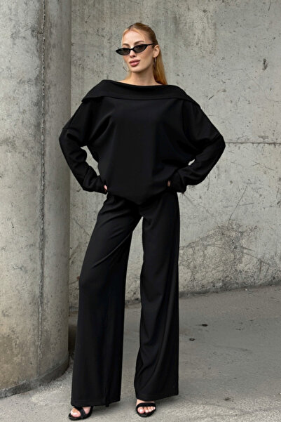 Chiccy Black Turn-Down Collar Long Sleeve Elastic Waist Wide Leg Velvet Oversized Knitted Bottom Top Set 70-105 65-68
