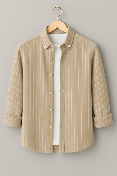 mavisima erkek giyimi Men's Cream Pinstripe Lumberjack Style Shirt – Comfortable Fit New Season Stylish Combination Trend