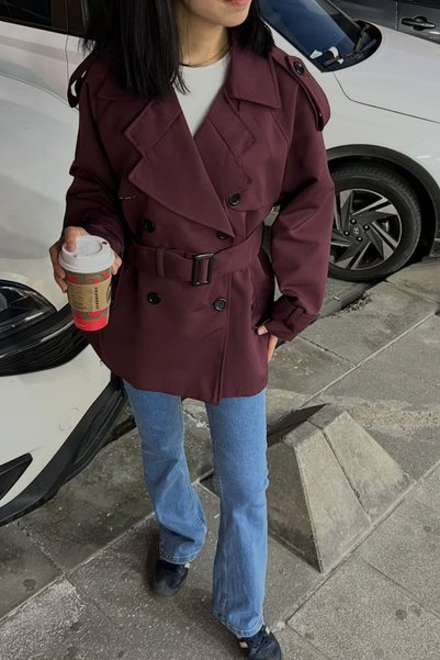 thesunfyre Women's Burgundy Oversized Miyabi Windbreaker Detailed Belted Short Trench Coat