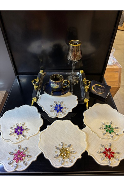 ARS HOME DEKOR Colorful Stone Design 6-Piece Coffee Presentation Napkins, Stone Cocktail Napkins, Presentation Holder, Pearl Napkin