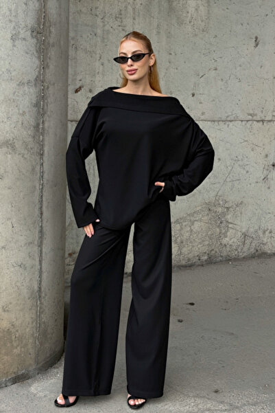 Chiccy Black Turn-Down Collar Long Sleeve Elastic Waist Wide Leg Velvet Oversized Knitted Bottom Top Set 70-105 65-68