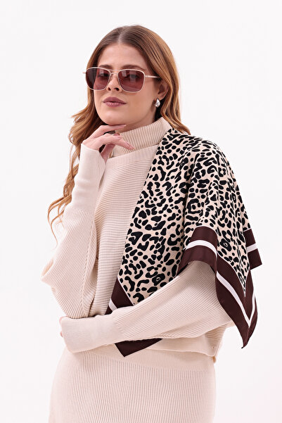 TOPTANFULARCI Leopar Desenli 70x70 cm Fular Kahverengi Bej