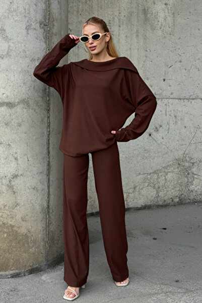 Chiccy Brown Turn-Down Collar Long Sleeve Elastic Waist Wide Leg Velvet Knitted Bottom Top Set 70-105 65-68
