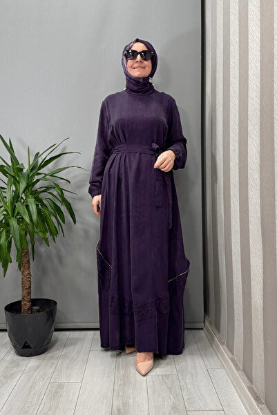 MissWhence Embroidery and Zipper Detailed Cupra Silk Dress Purple 37800